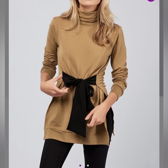 Milan Kiss Tops - Milan Kiss Camel Tie-Waist Turtleneck